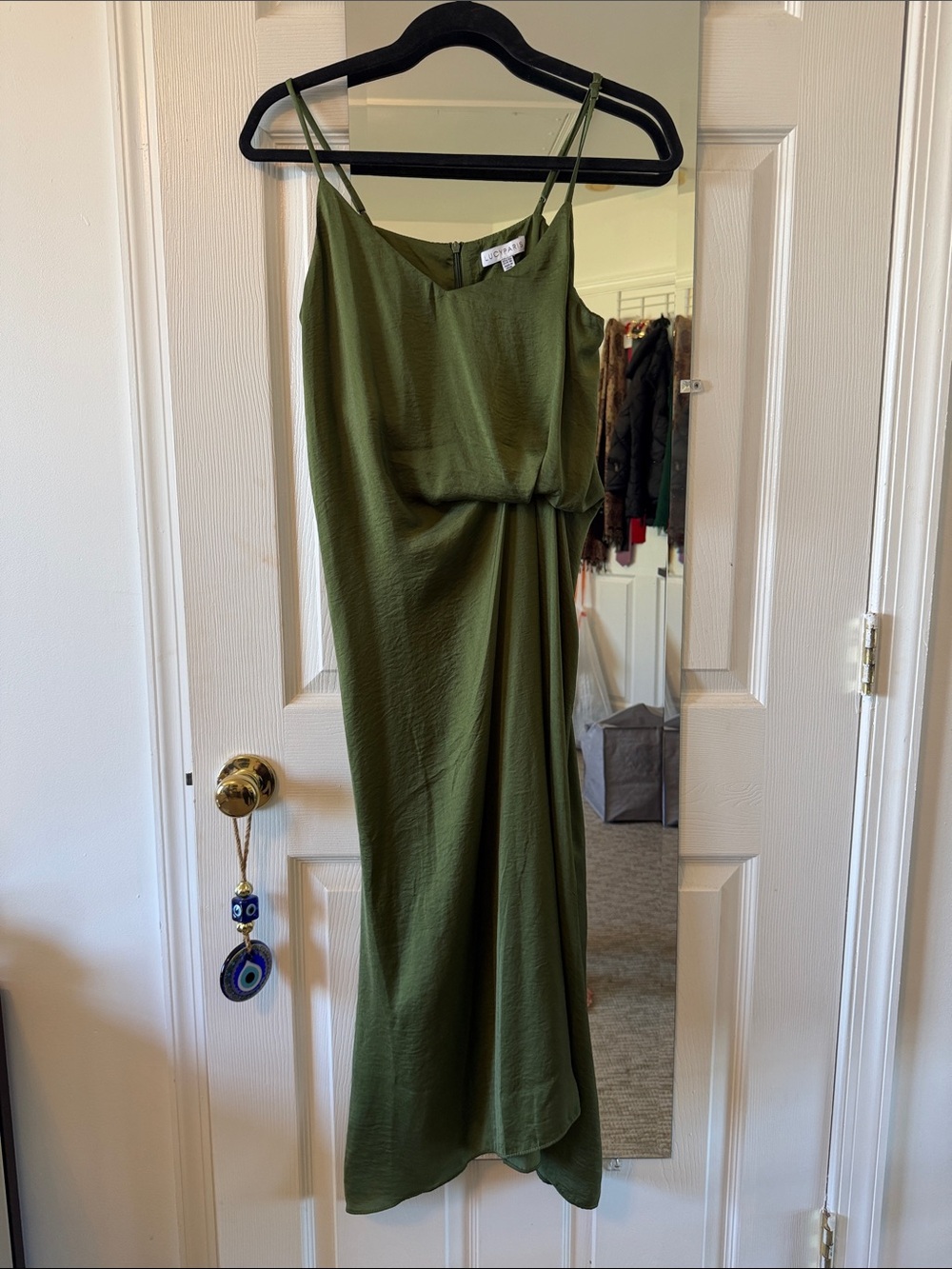 Lucy Paris Olive Green Slip Maxi Dress with Draped Detail - Picture 4 of 6